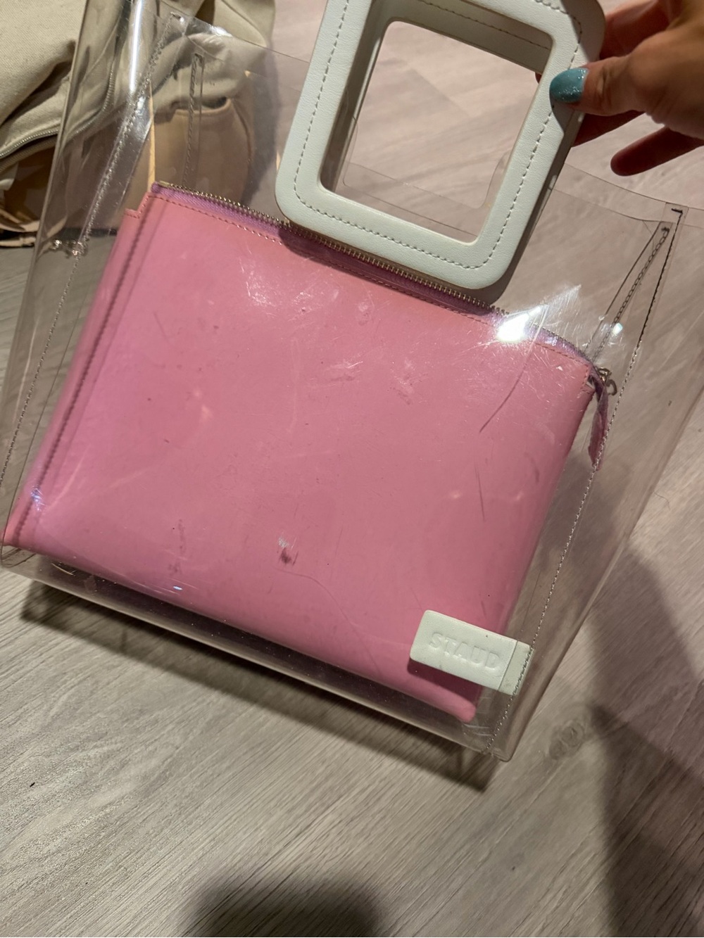 STAUD Clear Tote with Pink Pouch and White Handles